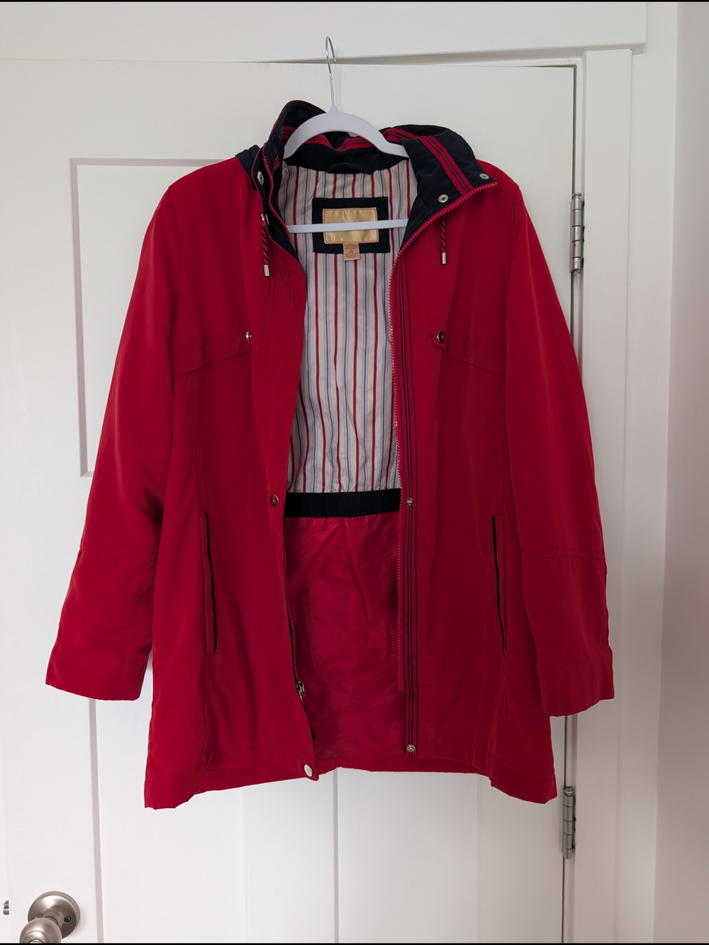 Vintage Red Hooded Rain Jacket Size Small - Striped Lining And Removable Hood